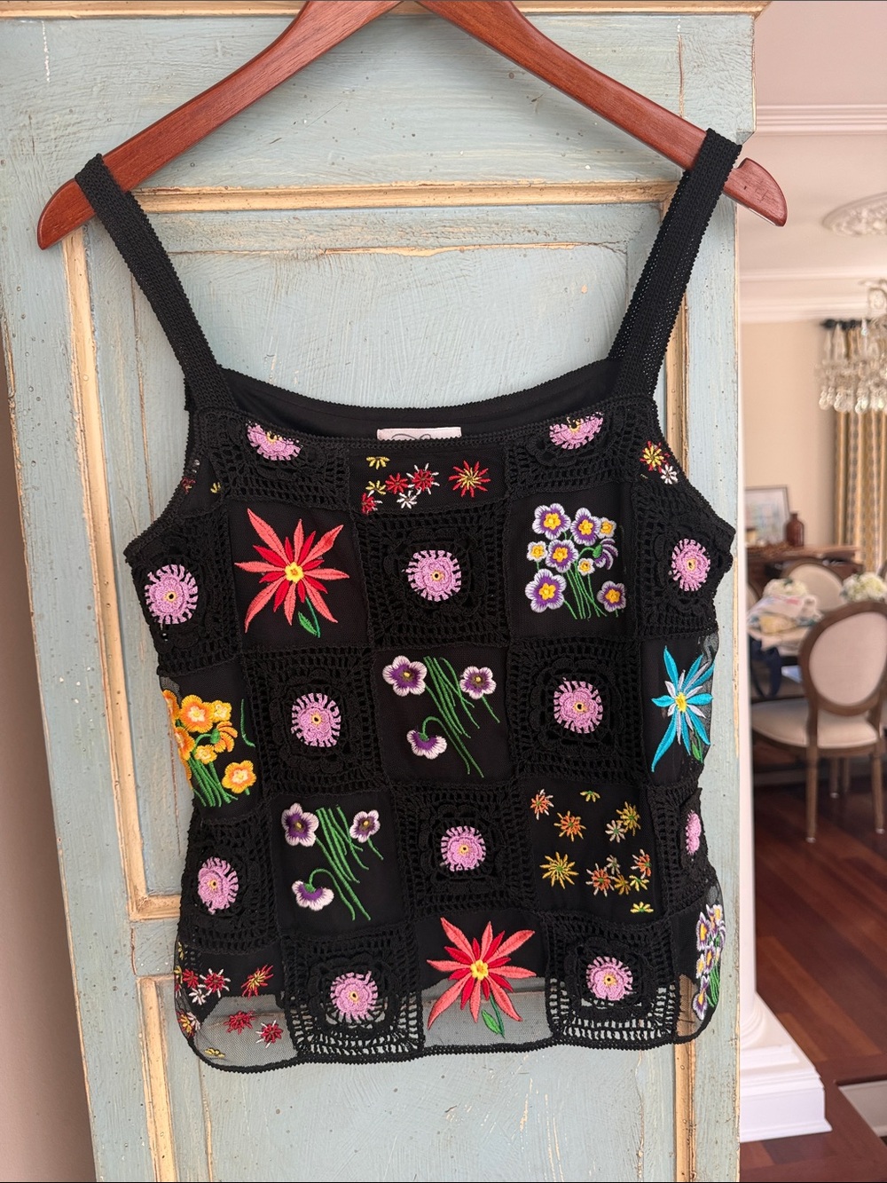 Boho Floral Granny Square Crochet Tank Top Black Embroidered Mesh M